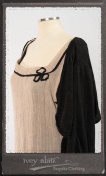 Monceau Frock in Picture Book Washed Crinkled Linen; Cilla Slip Frock in Signature Black Lightweight Linen Knit with Square Collar; Addy Jacket in Signature Black Lightweight Linen Knit. By Ivey Abitz.