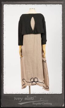 Monceau Frock in Picture Book Washed Crinkled Linen; Cilla Slip Frock in Signature Black Lightweight Linen Knit with Square Collar; Addy Jacket in Signature Black Lightweight Linen Knit. By Ivey Abitz.