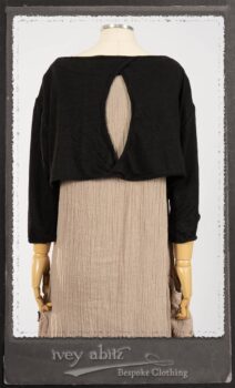 Monceau Frock in Picture Book Washed Crinkled Linen; Cilla Slip Frock in Signature Black Lightweight Linen Knit with Square Collar; Addy Jacket in Signature Black Lightweight Linen Knit. By Ivey Abitz.