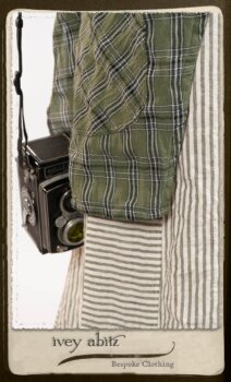 Campanella Overlay in New Day Washed Plaid Gauze; Addy Jacket in Signature Black Lightweight Linen Knit; Campanella Frock in New Day Washed Stripe Linen. By Ivey Abitz.