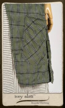 Campanella Overlay in New Day Washed Plaid Gauze; Addy Jacket in Signature Black Lightweight Linen Knit; Campanella Frock in New Day Washed Stripe Linen. By Ivey Abitz.