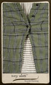 Campanella Overlay in New Day Washed Plaid Gauze; Addy Jacket in Signature Black Lightweight Linen Knit; Campanella Frock in New Day Washed Stripe Linen. By Ivey Abitz.