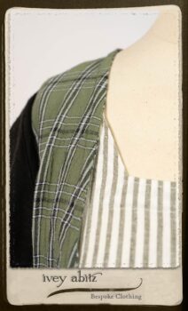 Campanella Overlay in New Day Washed Plaid Gauze; Addy Jacket in Signature Black Lightweight Linen Knit; Campanella Frock in New Day Washed Stripe Linen. By Ivey Abitz.