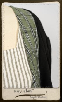 Campanella Overlay in New Day Washed Plaid Gauze; Addy Jacket in Signature Black Lightweight Linen Knit; Campanella Frock in New Day Washed Stripe Linen. By Ivey Abitz.