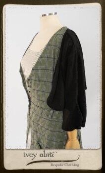 Campanella Overlay in New Day Washed Plaid Gauze; Addy Jacket in Signature Black Lightweight Linen Knit; Campanella Frock in New Day Washed Stripe Linen. By Ivey Abitz.