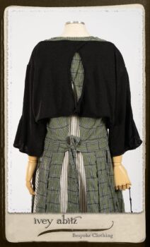 Campanella Overlay in New Day Washed Plaid Gauze; Addy Jacket in Signature Black Lightweight Linen Knit; Campanella Frock in New Day Washed Stripe Linen. By Ivey Abitz.