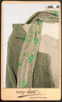 Campanella Duster Coat in New Day Washed Crinkled Linen; Harrison Frock in Picture Book Puckered Stripe Cotton; Blanchefleur Sash in New Day Floral Cotton Voile. By Ivey Abitz.