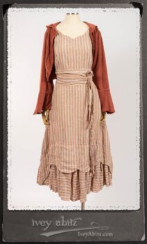 Crest Jacket in New Sun Softest Knit; Heraldry Frock in Rosy Washed Stripe Linen in High Water Length; Porte Cochere Sash in Rosy Washed Stripe Linen. By Ivey Abitz.