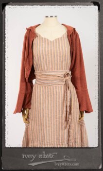 Crest Jacket in New Sun Softest Knit; Heraldry Frock in Rosy Washed Stripe Linen in High Water Length; Porte Cochere Sash in Rosy Washed Stripe Linen. By Ivey Abitz.