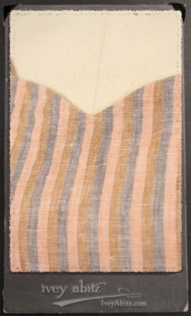 Crest Jacket in New Sun Softest Knit; Heraldry Frock in Rosy Washed Stripe Linen in High Water Length; Porte Cochere Sash in Rosy Washed Stripe Linen. By Ivey Abitz.