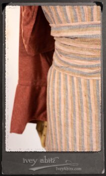 Crest Jacket in New Sun Softest Knit; Heraldry Frock in Rosy Washed Stripe Linen in High Water Length; Porte Cochere Sash in Rosy Washed Stripe Linen. By Ivey Abitz.