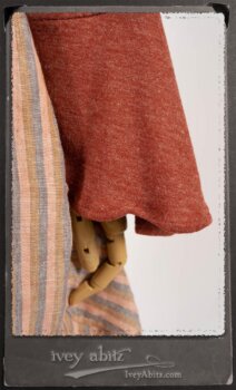 Crest Jacket in New Sun Softest Knit; Heraldry Frock in Rosy Washed Stripe Linen in High Water Length; Porte Cochere Sash in Rosy Washed Stripe Linen. By Ivey Abitz.