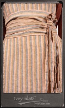Crest Jacket in New Sun Softest Knit; Heraldry Frock in Rosy Washed Stripe Linen in High Water Length; Porte Cochere Sash in Rosy Washed Stripe Linen. By Ivey Abitz.