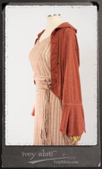 Crest Jacket in New Sun Softest Knit; Heraldry Frock in Rosy Washed Stripe Linen in High Water Length; Porte Cochere Sash in Rosy Washed Stripe Linen. By Ivey Abitz.
