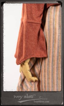 Crest Jacket in New Sun Softest Knit; Heraldry Frock in Rosy Washed Stripe Linen in High Water Length; Porte Cochere Sash in Rosy Washed Stripe Linen. By Ivey Abitz.