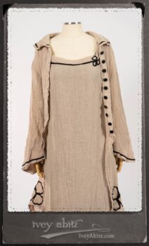 Monceau Duster Coat in Picture Book Washed Crinkled Linen; Monceau Frock in Picture Book Washed Crinkled Linen; Cilla Slip Frock in Signature Black Lightweight Linen Knit with Square Neckline. By Ivey Abitz.