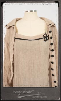 Monceau Duster Coat in Picture Book Washed Crinkled Linen; Monceau Frock in Picture Book Washed Crinkled Linen; Cilla Slip Frock in Signature Black Lightweight Linen Knit with Square Neckline. By Ivey Abitz.