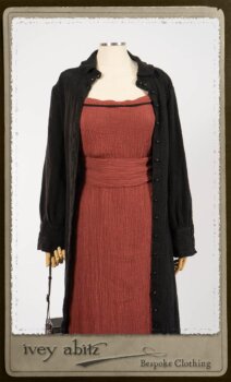 Truitt Shirt Jacket in Black Puckered Check Weave; Monceau Frock in Rosy Washed Crinkled Linen; Cilla Slip Frock in Signature Black Lightweight Linen Knit with Square Collar; Clotaire Sash in Rosy Washed Crinkled Linen. By Ivey Abitz.