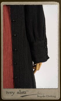 Truitt Shirt Jacket in Black Puckered Check Weave; Monceau Frock in Rosy Washed Crinkled Linen; Cilla Slip Frock in Signature Black Lightweight Linen Knit with Square Collar; Clotaire Sash in Rosy Washed Crinkled Linen. By Ivey Abitz.