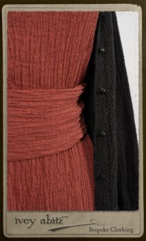 Truitt Shirt Jacket in Black Puckered Check Weave; Monceau Frock in Rosy Washed Crinkled Linen; Cilla Slip Frock in Signature Black Lightweight Linen Knit with Square Collar; Clotaire Sash in Rosy Washed Crinkled Linen. By Ivey Abitz.