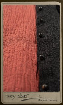 Truitt Shirt Jacket in Black Puckered Check Weave; Monceau Frock in Rosy Washed Crinkled Linen; Cilla Slip Frock in Signature Black Lightweight Linen Knit with Square Collar; Clotaire Sash in Rosy Washed Crinkled Linen. By Ivey Abitz.