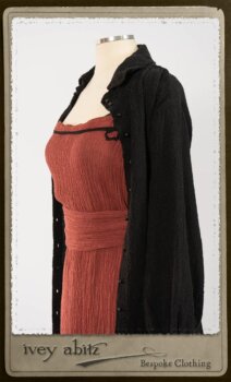 Truitt Shirt Jacket in Black Puckered Check Weave; Monceau Frock in Rosy Washed Crinkled Linen; Cilla Slip Frock in Signature Black Lightweight Linen Knit with Square Collar; Clotaire Sash in Rosy Washed Crinkled Linen. By Ivey Abitz.