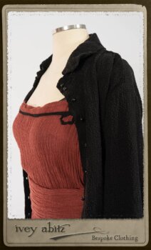 Truitt Shirt Jacket in Black Puckered Check Weave; Monceau Frock in Rosy Washed Crinkled Linen; Cilla Slip Frock in Signature Black Lightweight Linen Knit with Square Collar; Clotaire Sash in Rosy Washed Crinkled Linen. By Ivey Abitz.