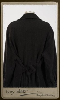 Truitt Shirt Jacket in Black Puckered Check Weave; Monceau Frock in Rosy Washed Crinkled Linen; Cilla Slip Frock in Signature Black Lightweight Linen Knit with Square Collar; Clotaire Sash in Rosy Washed Crinkled Linen. By Ivey Abitz.