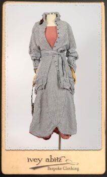 Scattergood Shirt Jacket in Black and White Petite Stripe Linen; Scattergood Frock in Rosy Washed Cotton; Addy Skirt in Black and White Petite Stripe Linen. By Ivey Abitz.