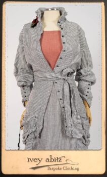 Scattergood Shirt Jacket in Black and White Petite Stripe Linen; Scattergood Frock in Rosy Washed Cotton; Addy Skirt in Black and White Petite Stripe Linen. By Ivey Abitz.