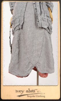 Scattergood Shirt Jacket in Black and White Petite Stripe Linen; Scattergood Frock in Rosy Washed Cotton; Addy Skirt in Black and White Petite Stripe Linen. By Ivey Abitz.