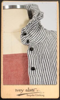 Scattergood Shirt Jacket in Black and White Petite Stripe Linen; Scattergood Frock in Rosy Washed Cotton; Addy Skirt in Black and White Petite Stripe Linen. By Ivey Abitz.