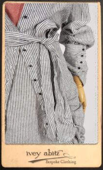 Scattergood Shirt Jacket in Black and White Petite Stripe Linen; Scattergood Frock in Rosy Washed Cotton; Addy Skirt in Black and White Petite Stripe Linen. By Ivey Abitz.