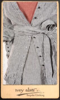 Scattergood Shirt Jacket in Black and White Petite Stripe Linen; Scattergood Frock in Rosy Washed Cotton; Addy Skirt in Black and White Petite Stripe Linen. By Ivey Abitz.