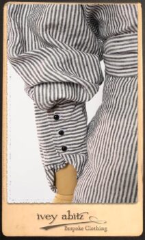 Scattergood Shirt Jacket in Black and White Petite Stripe Linen; Scattergood Frock in Rosy Washed Cotton; Addy Skirt in Black and White Petite Stripe Linen. By Ivey Abitz.