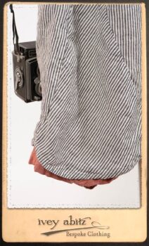 Scattergood Shirt Jacket in Black and White Petite Stripe Linen; Scattergood Frock in Rosy Washed Cotton; Addy Skirt in Black and White Petite Stripe Linen. By Ivey Abitz.