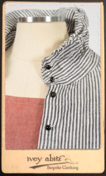 Scattergood Shirt Jacket in Black and White Petite Stripe Linen; Scattergood Frock in Rosy Washed Cotton; Addy Skirt in Black and White Petite Stripe Linen. By Ivey Abitz.