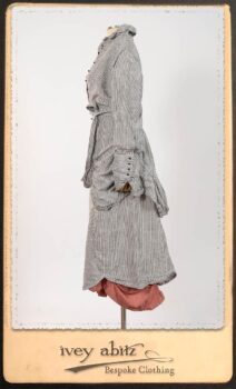 Scattergood Shirt Jacket in Black and White Petite Stripe Linen; Scattergood Frock in Rosy Washed Cotton; Addy Skirt in Black and White Petite Stripe Linen. By Ivey Abitz.