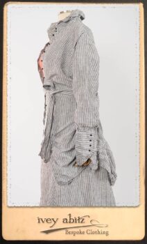 Scattergood Shirt Jacket in Black and White Petite Stripe Linen; Scattergood Frock in Rosy Washed Cotton; Addy Skirt in Black and White Petite Stripe Linen. By Ivey Abitz.