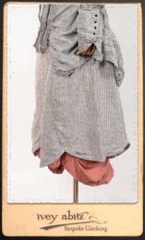 Scattergood Shirt Jacket in Black and White Petite Stripe Linen; Scattergood Frock in Rosy Washed Cotton; Addy Skirt in Black and White Petite Stripe Linen. By Ivey Abitz.