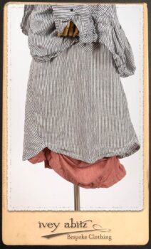 Scattergood Shirt Jacket in Black and White Petite Stripe Linen; Scattergood Frock in Rosy Washed Cotton; Addy Skirt in Black and White Petite Stripe Linen. By Ivey Abitz.