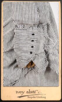 Scattergood Shirt Jacket in Black and White Petite Stripe Linen; Scattergood Frock in Rosy Washed Cotton; Addy Skirt in Black and White Petite Stripe Linen. By Ivey Abitz.