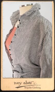 Scattergood Shirt Jacket in Black and White Petite Stripe Linen; Scattergood Frock in Rosy Washed Cotton; Addy Skirt in Black and White Petite Stripe Linen. By Ivey Abitz.