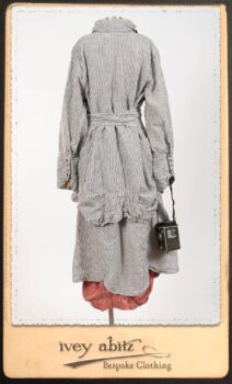 Scattergood Shirt Jacket in Black and White Petite Stripe Linen; Scattergood Frock in Rosy Washed Cotton; Addy Skirt in Black and White Petite Stripe Linen. By Ivey Abitz.