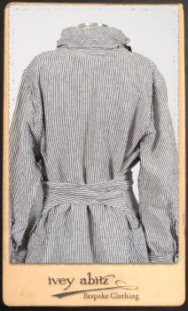 Scattergood Shirt Jacket in Black and White Petite Stripe Linen; Scattergood Frock in Rosy Washed Cotton; Addy Skirt in Black and White Petite Stripe Linen. By Ivey Abitz.