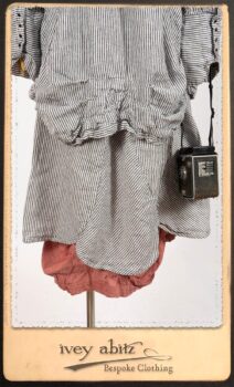 Scattergood Shirt Jacket in Black and White Petite Stripe Linen; Scattergood Frock in Rosy Washed Cotton; Addy Skirt in Black and White Petite Stripe Linen. By Ivey Abitz.