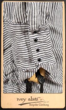 Scattergood Shirt Jacket in Black and White Petite Stripe Linen; Scattergood Frock in Rosy Washed Cotton; Addy Skirt in Black and White Petite Stripe Linen. By Ivey Abitz.