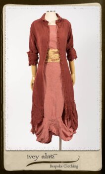 Scattergood Duster Coat in Rosy Washed Crinkled Linen; Porte Cochere Sash in Rosy Washed Floral Linen; Scattergood Frock in Rosy Washed Cotton. By Ivey Abitz.