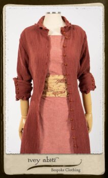 Scattergood Duster Coat in Rosy Washed Crinkled Linen; Porte Cochere Sash in Rosy Washed Floral Linen; Scattergood Frock in Rosy Washed Cotton. By Ivey Abitz.