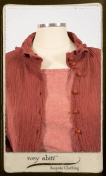 Scattergood Duster Coat in Rosy Washed Crinkled Linen; Porte Cochere Sash in Rosy Washed Floral Linen; Scattergood Frock in Rosy Washed Cotton. By Ivey Abitz.